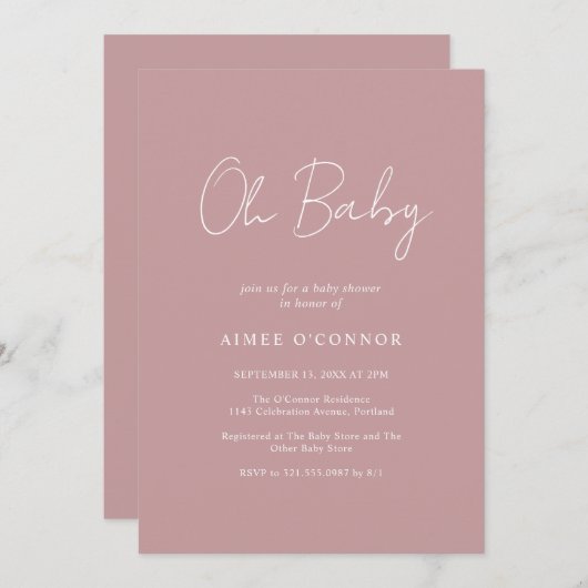 Invitation Script rustique Dusty Rose Simple Baby shower fill (Devant / Derrière)