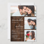 Invitation Script rustique en bois brun 3 photos mariage (Devant)