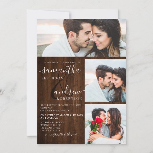 Invitation Script rustique en bois brun 3 photos mariage (Devant)