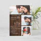 Invitation Script rustique en bois brun 3 photos mariage (Debout devant)