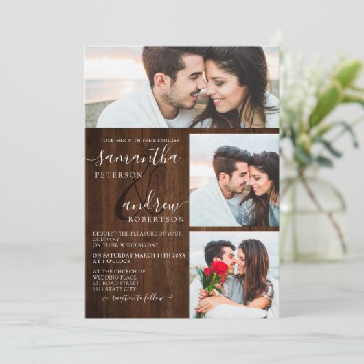 Invitation Script rustique en bois brun 3 photos mariage (Debout devant)