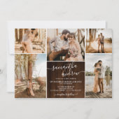 Invitation Script rustique en bois brun 6 photos mariage (Devant)