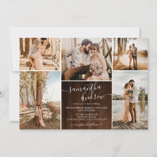 Invitation Script rustique en bois brun 6 photos mariage (Devant)