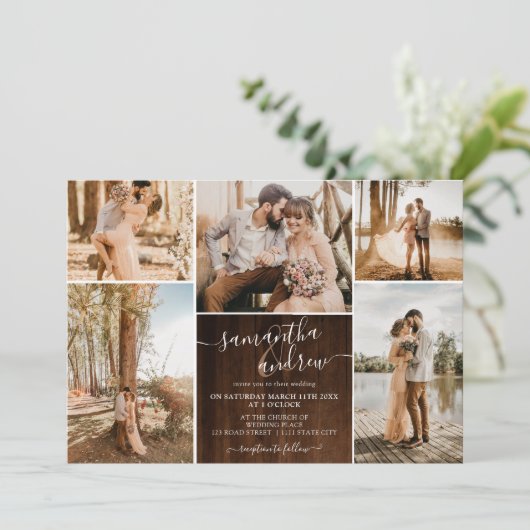 Invitation Script rustique en bois brun 6 photos mariage (Debout devant)