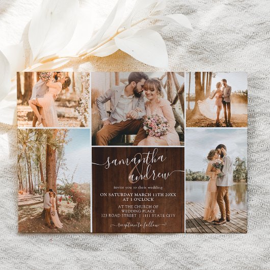 Invitation Script rustique en bois brun 6 photos mariage