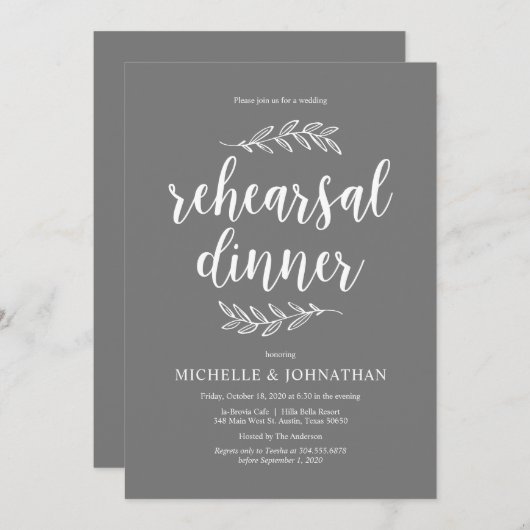 Invitation Script Rustique, Gris, Dîner de répétition Mariage (Devant / Derrière)