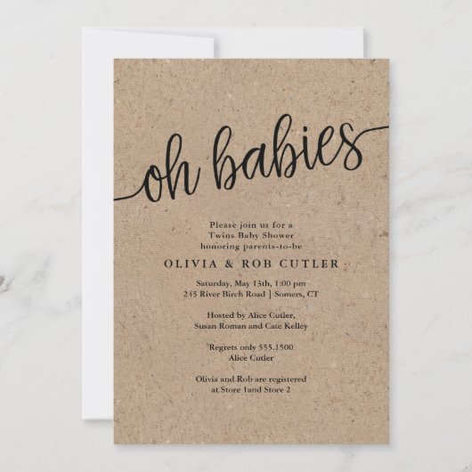 Invitation Script rustique Kraft Oh Babies Baby shower jumeau (Devant)