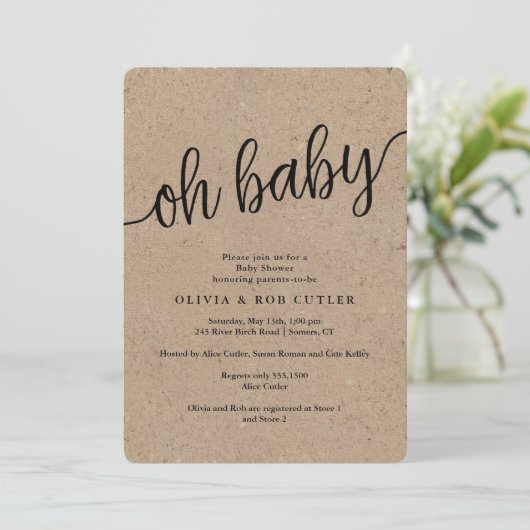 Invitation Script rustique Kraft Oh Baby shower (Debout devant)