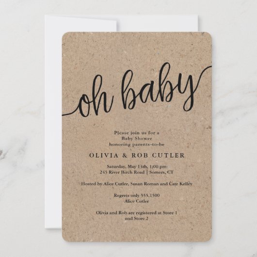 Invitation Script rustique Kraft Oh Baby shower (Devant)