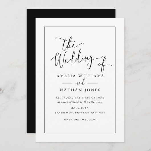 Invitation Script rustique Mariage noir blanc (Devant / Derrière)
