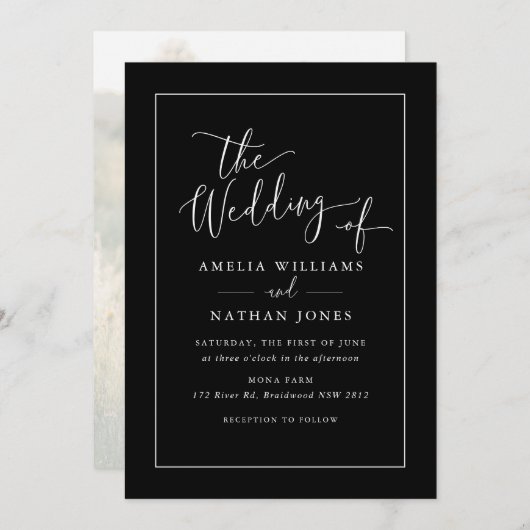 Invitation Script rustique Photo Mariage noir blanc (Devant / Derrière)