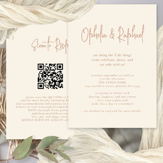 Invitation Script rustique QR Code Boho Cream Mariage