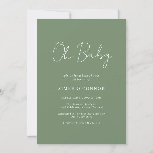 Invitation Script Rustique Sage Vert Simple Baby shower moder (Devant)