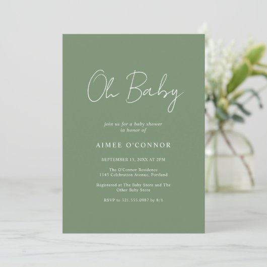Invitation Script Rustique Sage Vert Simple Baby shower moder (Debout devant)