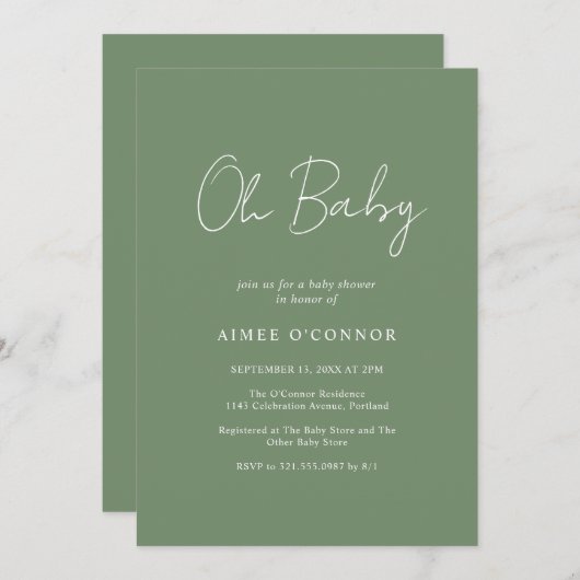 Invitation Script Rustique Sage Vert Simple Baby shower moder (Devant / Derrière)