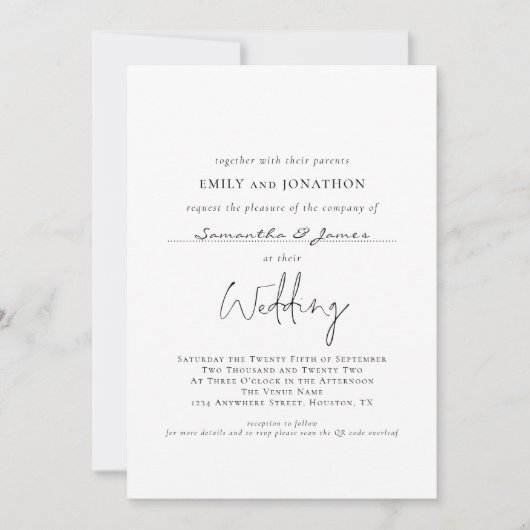 Invitation Script simple avec nom d'invité QR Code Mariage (Devant)