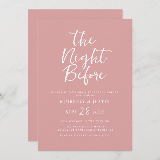 Invitation script simple dusté nuit rose avant l'invitation (Devant / Derrière)