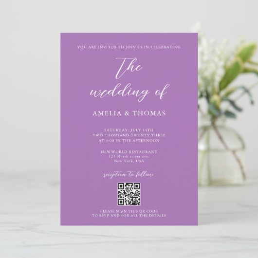 Invitation Script simple élégant doux violet Mariage de code (Debout devant)