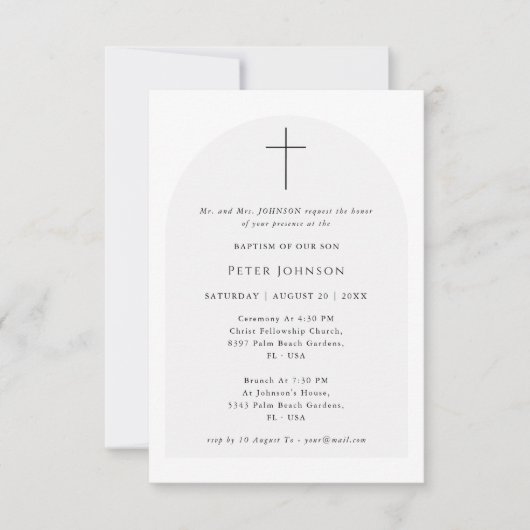 Invitation Script simple élégant Noir & Blanc Arc Baptême (Devant)