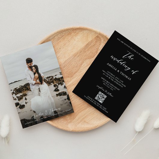 Invitation Script simple élégant noir photo QR Code Mariage