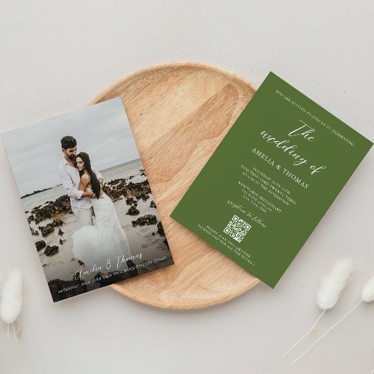 Invitation Script simple élégant Olive Green QR Code Mariage
