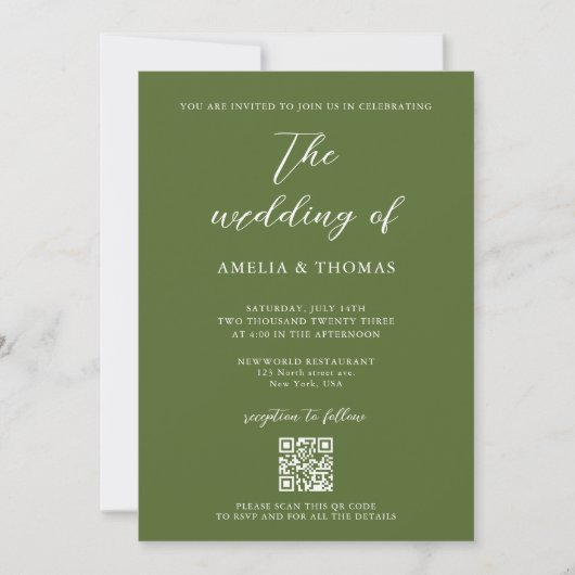 Invitation Script simple élégant Olive Green QR Code Mariage (Devant)