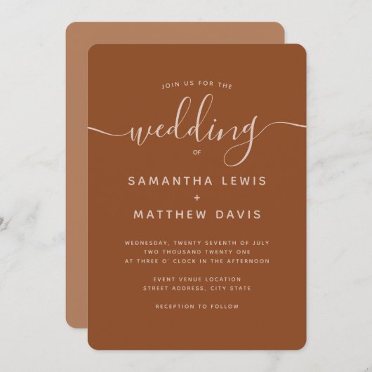 Invitation Script simple élégant Terracotta Mariage bohème (Devant / Derrière)