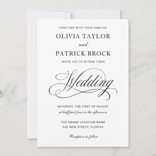 Invitation Script simple et élégant Mariage noir et blanc (Devant)