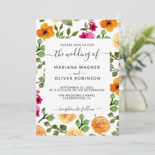 Invitation Script simple floral rose et orange (Debout devant)