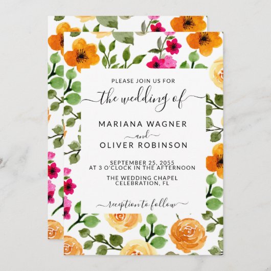 Invitation Script simple floral rose et orange (Devant / Derrière)