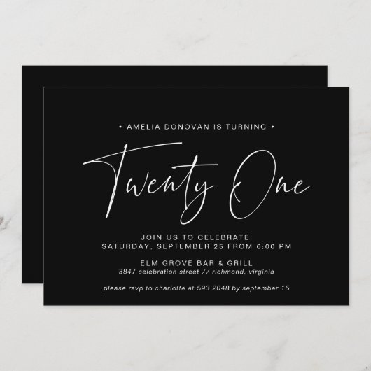 Invitation Script simple | Mini moderne Noir 21e anniversaire (Devant / Derrière)
