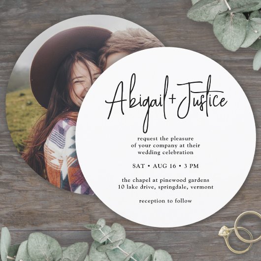 Invitation Script simple moderne et photo Mariage rond unique