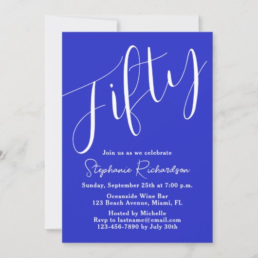 Invitation Script simple moderne Royal Blue 50th Birthday (Devant)