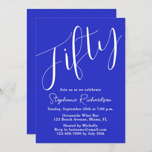 Invitation Script simple moderne Royal Blue 50th Birthday (Devant / Derrière)