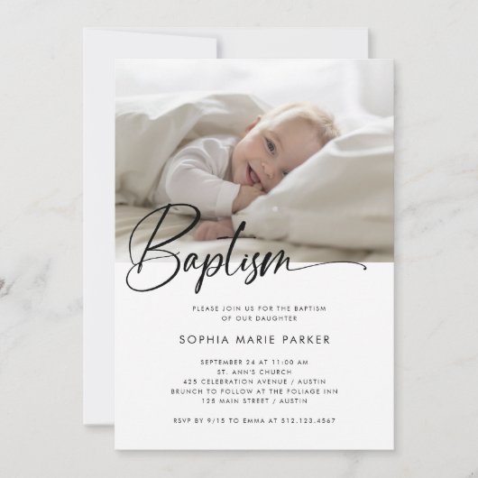 Invitation Script simple noir et blanc | Photo Baptême (Devant)