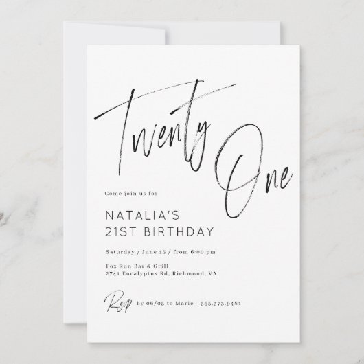 Invitation Script simple Noir moderne et blanc 21e anniversai (Devant)