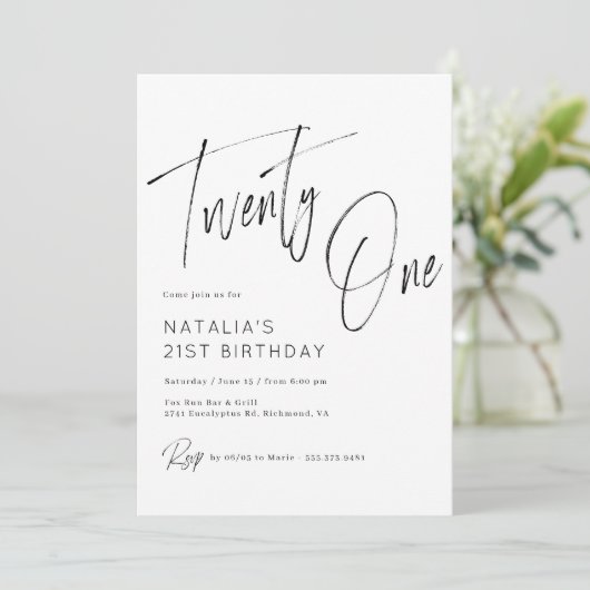 Invitation Script simple Noir moderne et blanc 21e anniversai (Debout devant)