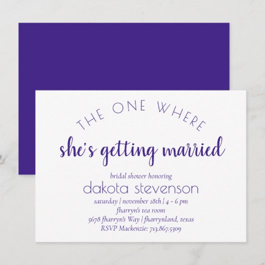 Invitation Script simple violet | Une Où Elle Se Marie (Devant / Derrière)