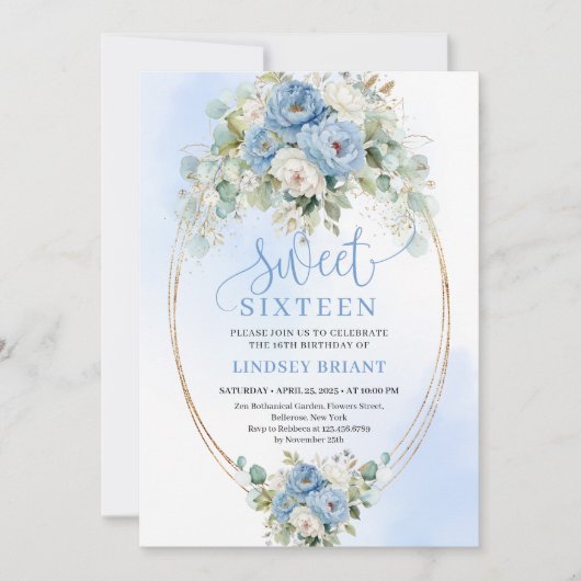 Invitation Script Style Dusty Blue Peonies Sweet 16 Birthday  (Devant)