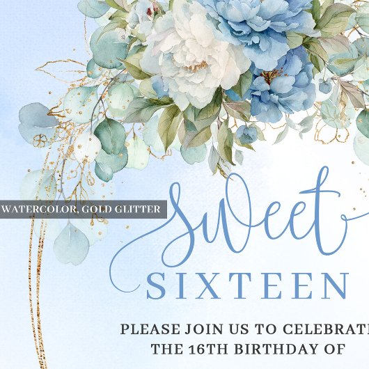 Invitation Script Style Dusty Blue Peonies Sweet 16 Birthday 