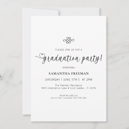 Invitation Script stylish Coeur Typographie Graduation Party (Dos)