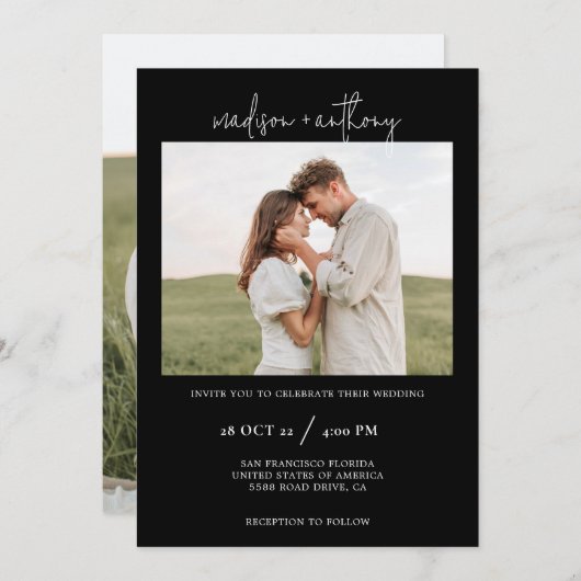 Invitation Script stylish noir simple avec Mariage photo (Devant / Derrière)