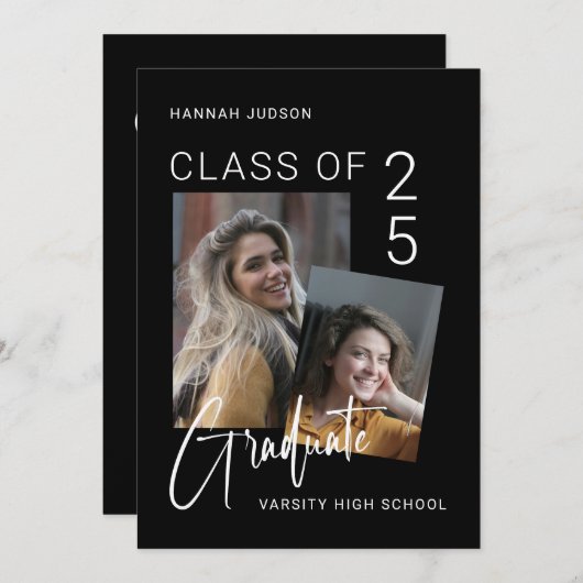 Invitation Script tendance Black 2 Photos Graduation Party (Devant / Derrière)