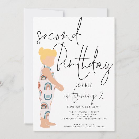 Invitation Script tendance fille Blonde Rainbows 2e anniversa (Devant)