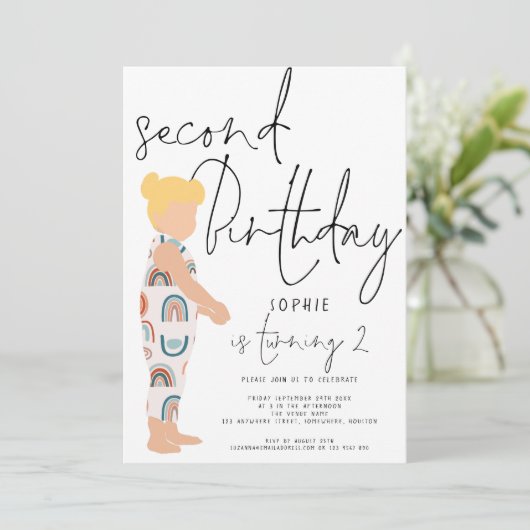Invitation Script tendance fille Blonde Rainbows 2e anniversa (Debout devant)