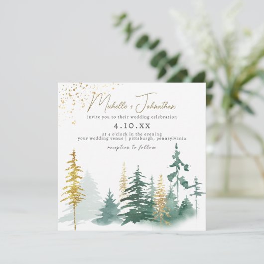 Invitation Script tendance Gold Green Forest Rustic Mariage (Debout devant)