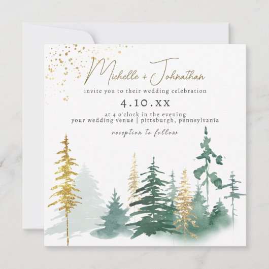 Invitation Script tendance Gold Green Forest Rustic Mariage (Devant)