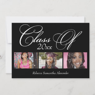 Invitation Script Tourbillonnant noir 3-Photo Graduation