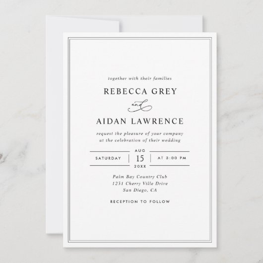 Invitation Script tout-en-un élégant Mariage noir et blanc (Devant)