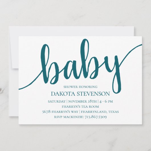 Invitation Script Turquoise simple | Baby shower bleu foncé (Devant)